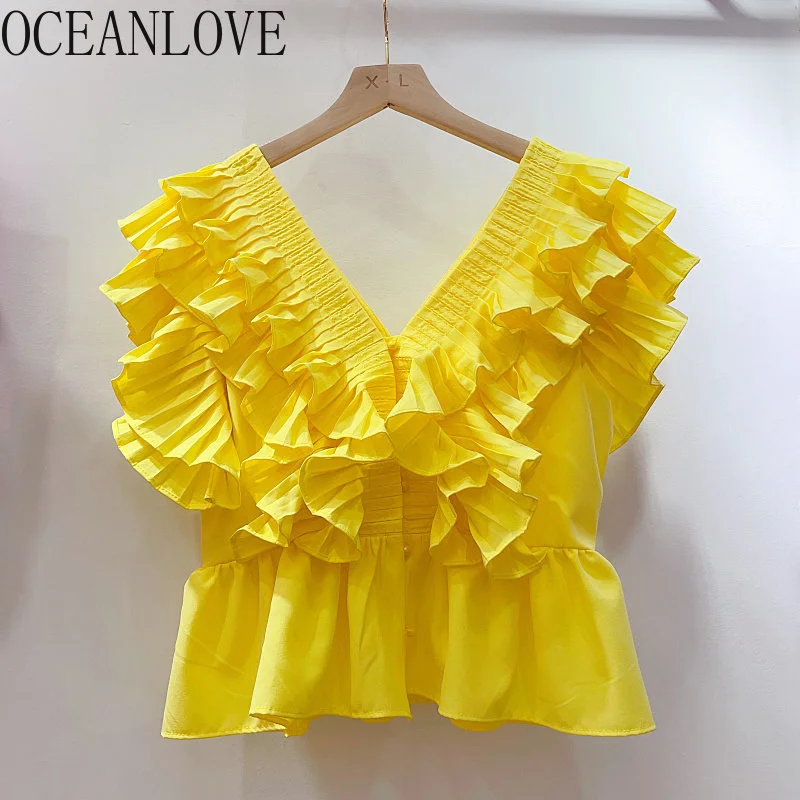 

V Neck Women Shirts Rules Solid Spring Summer Vintage Blouses Korean ashion Slim Short Pleated Blusas Mujer