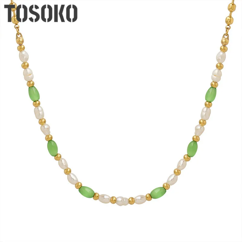 

TOSOKO Stainless Steel Jewelry Green Opal Beads With Freshwater Pearl Necklace Women's Fashionable Collarbone Chain BSP1347