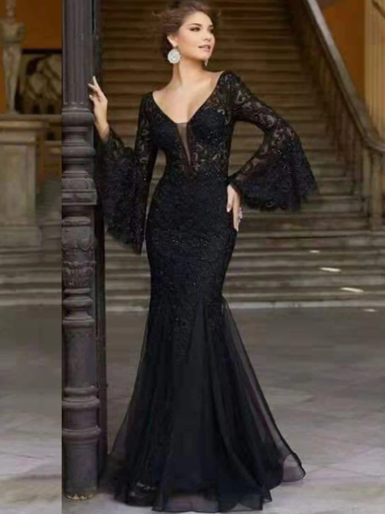 

Elegant Long Dresses for Women V Neck Black Long Flare Sleeve Sexy Bodycon Sequins Ankle Length Evening Party Mermaid Outfits