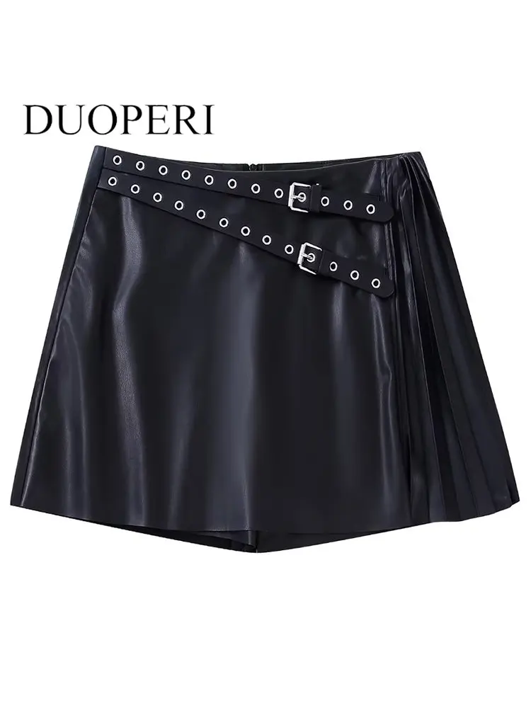 

DUOPERI Women Fashion With Belt PU Solid Back Zipper Skirts Shorts Vintage High Waist Female Chic Lady Shorts