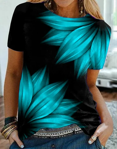 2022 Летняя женская футболка с абстрактным изображением листьев, базовые винтажные топы свободного кроя с круглым вырезом и абстрактным принтом
