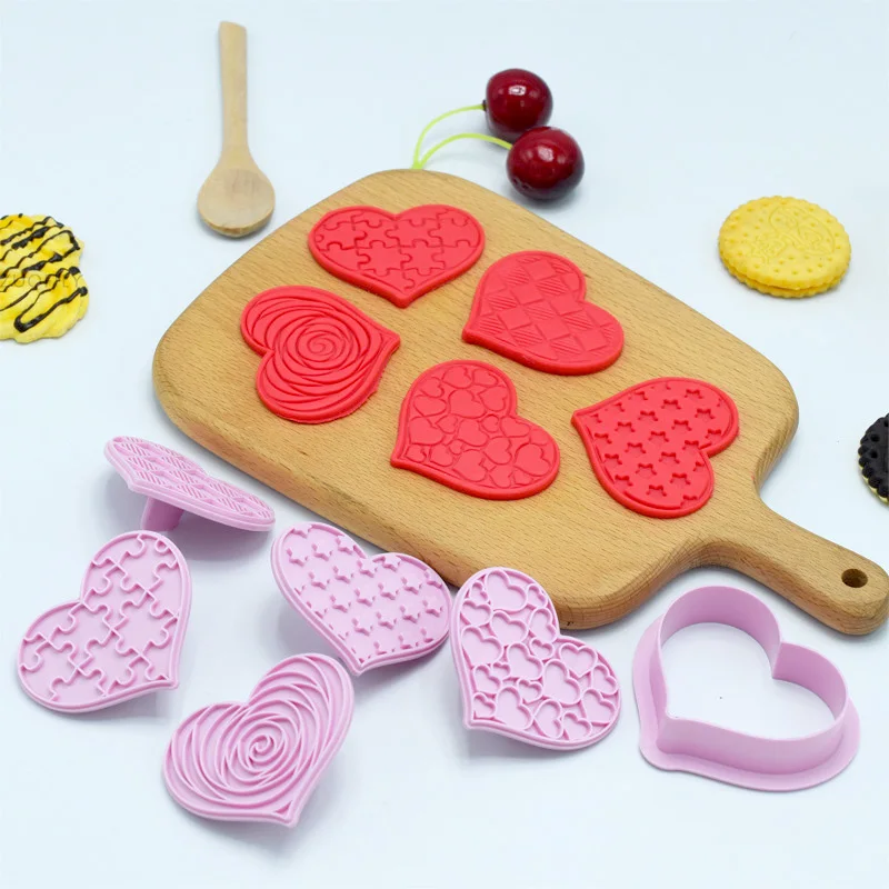 

6pcs Valentine Day Cookie Cutter Set Heart Valentine Fondant Cookie Embossing Stamp Molds Cake Decorating Tools for Birthday
