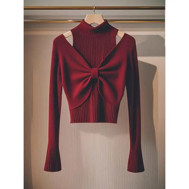 Французский светский стиль вязаный свитер с капюшоном и бантом жилет