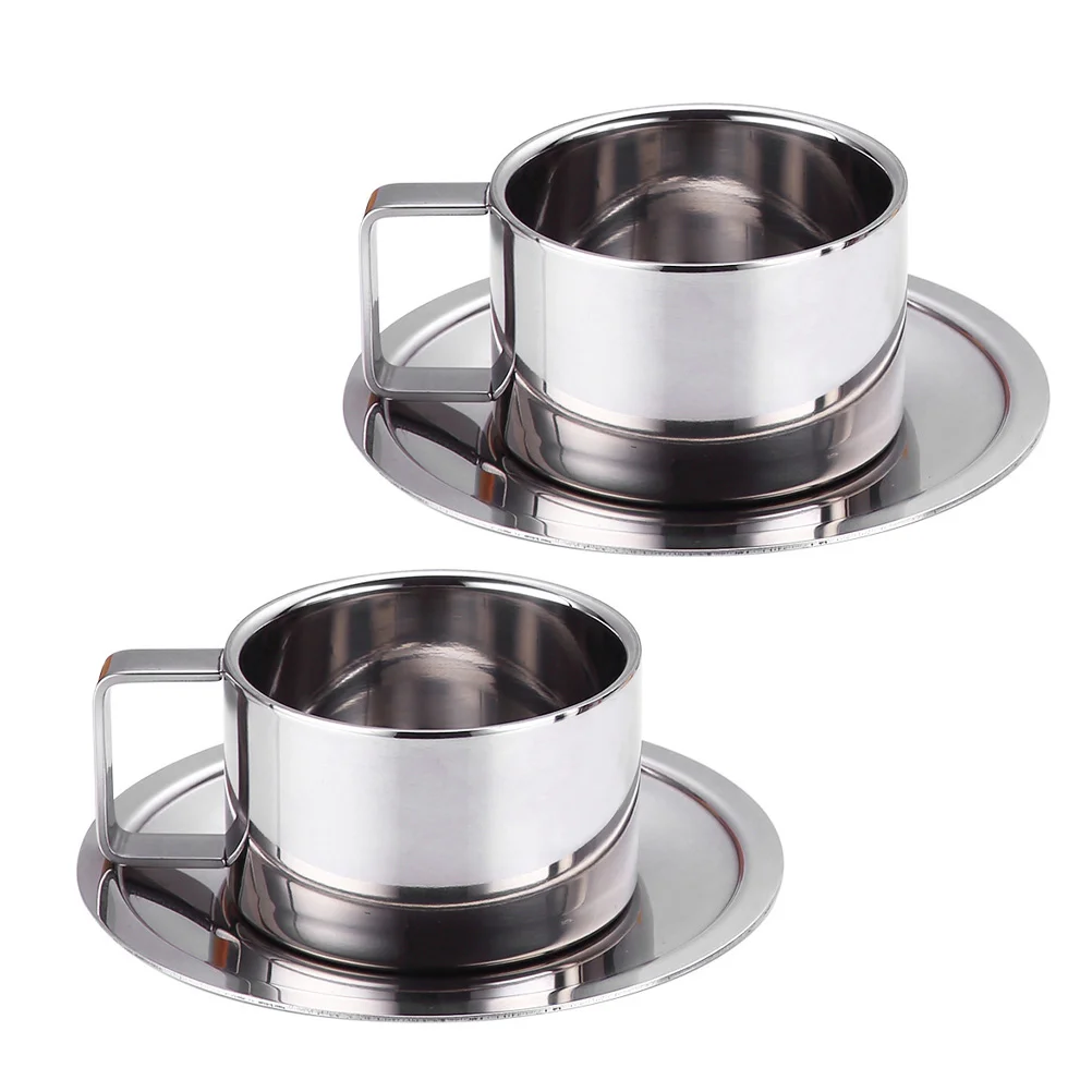 

Cup Cups Coffee Mug Stainless Steel Espresso Tea Metal Camping Water Drinking Latte Cappuccino Saucer Walled Double Home Mugs