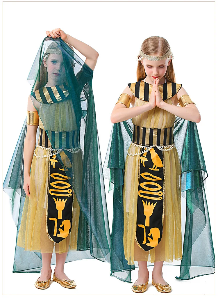 Детский костюм Клеопатры для косплея на Хэллоуин Золотое Платье девочек Египет