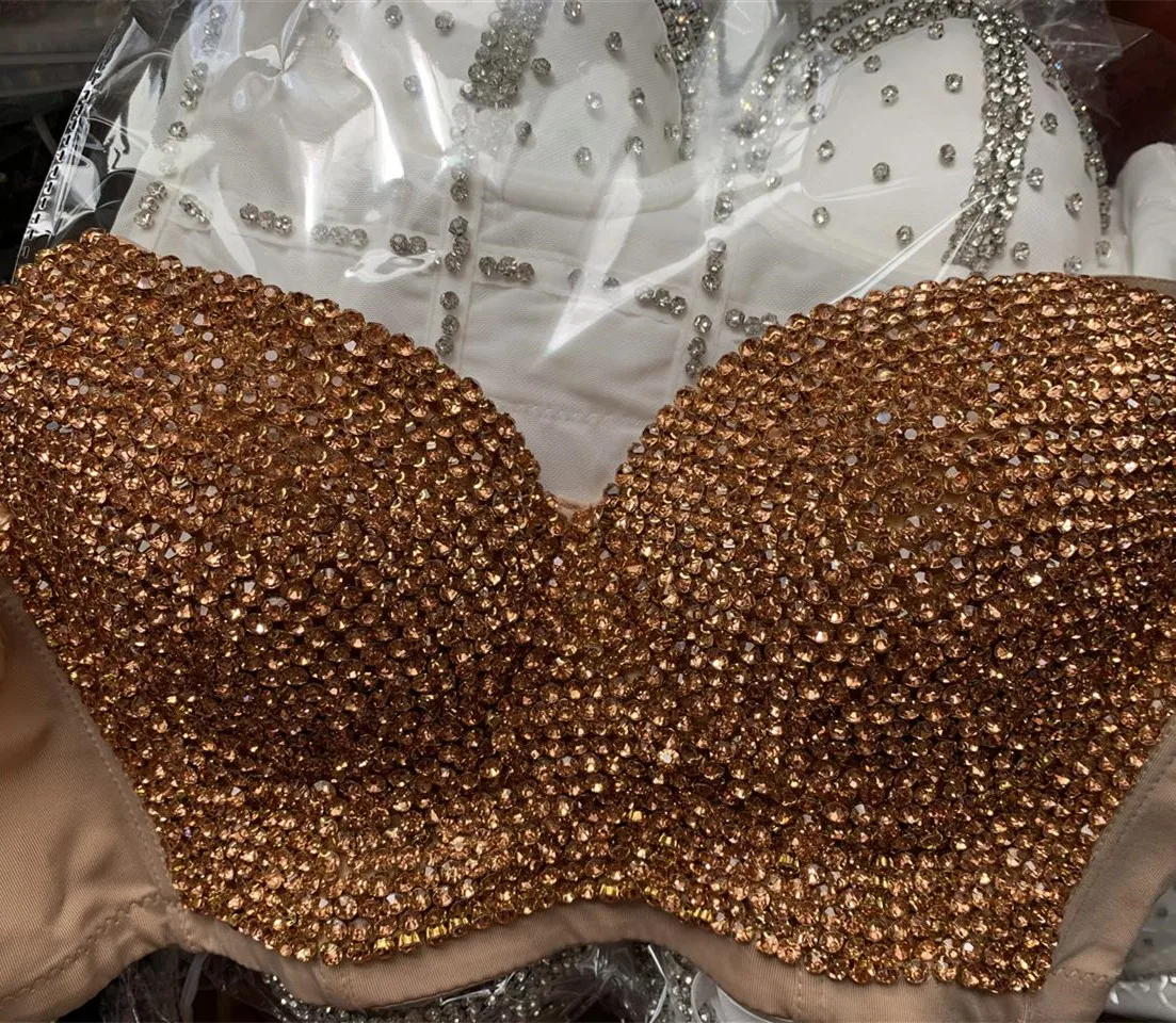 

Plus Size High quality Hand-made Pearls Jewel Diamond beading Women's Sexy Bustier Bra Cropped sling Top Vest Bra bling