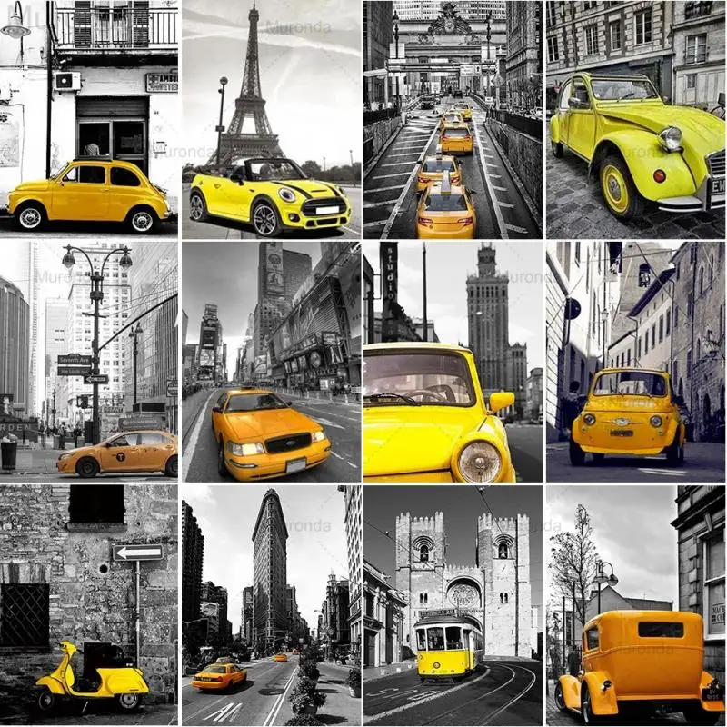 

Квадратная круглая черно-белая желтая автомобильная дорога искусственный пейзаж мозаика ручной работы Набор для вышивки крестиком домашн...