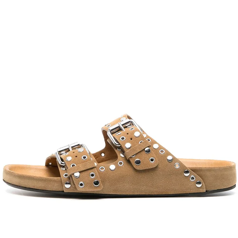 

Сланцы женские с открытым носком, летние туфли на ремешке с металлической пряжкой, без застежки, на плоской подошве, с заклепками