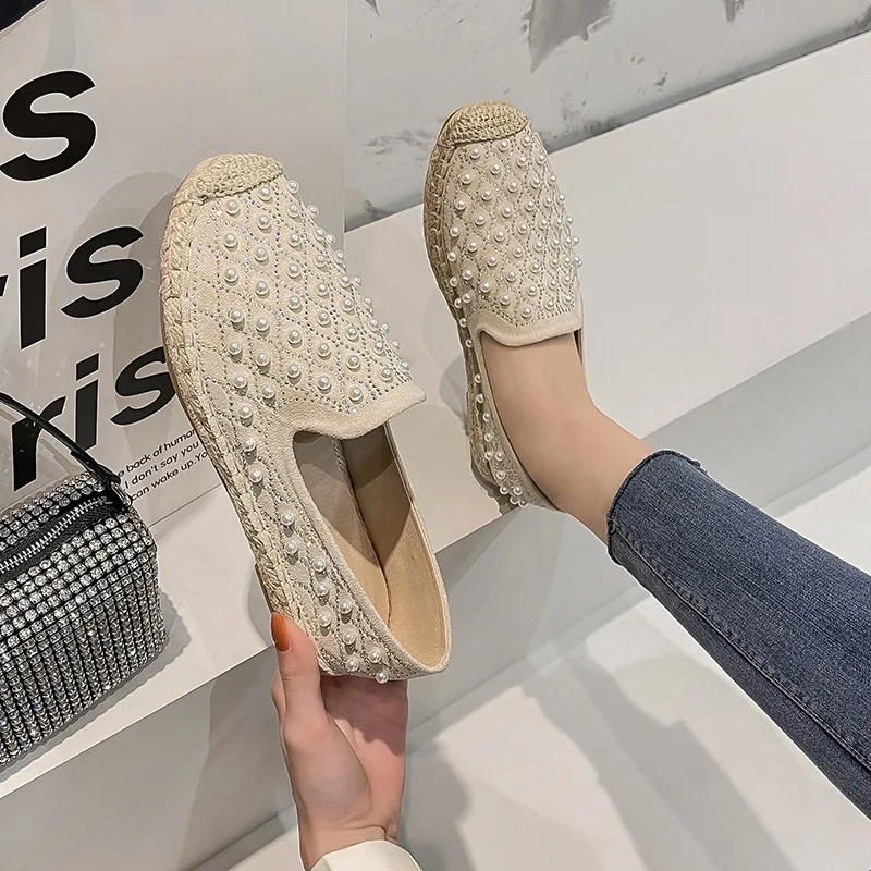Women Hemp Espadrilles Femmes Rubber Loafers Fisherman Trendy Moccasins Oxford Woman Crystal Pearl Flats Shoes