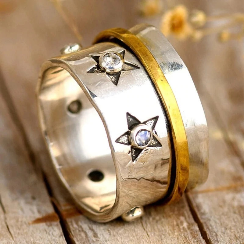 

New Gold Color Ring Bind Vintage Star Rhinestone Spinner Rings For Men Women Fashion Jewelry Personality Band Size 5-11