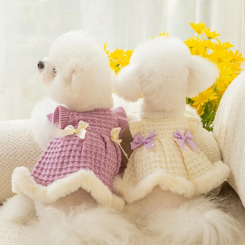 

Роскошное платье-свитер для маленьких и средних собак, осенне-зимняя одежда для собак, плюшевая юбка с подолом для собак, кружевные рукава, ж...