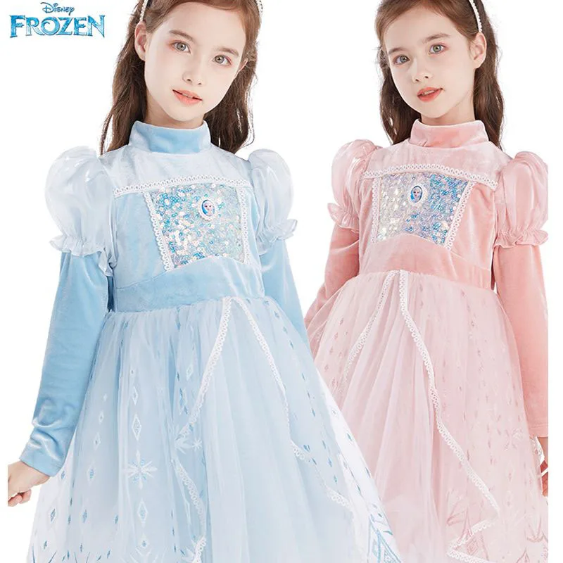 Disney Girls Dress Autumn Sweet Sequin Dress Frozen Elsa Princess Dress Puff Sleeve Girl Baby Velvet Dress Lace Puff Dress