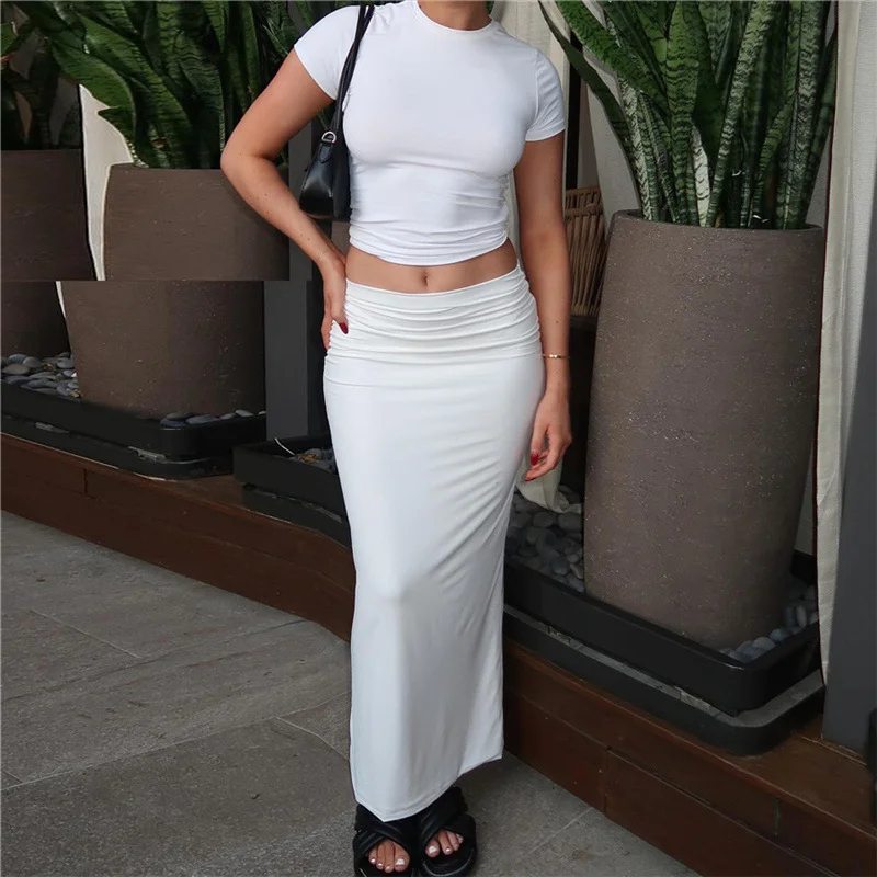 

2023 Basic Casual Solid Two Piece Set Women Hipster Short Sleeve O-neck T-shirts + Matching Hip Skirt Female Bare Midriff Suit