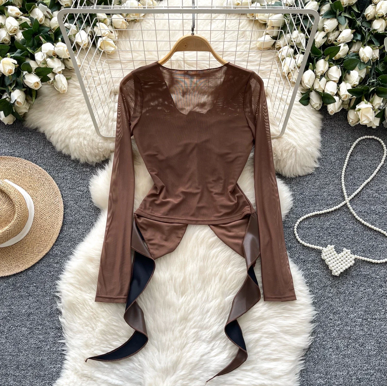 Топ женский винтажный Состаренный с длинным рукавом шикарный облегающий