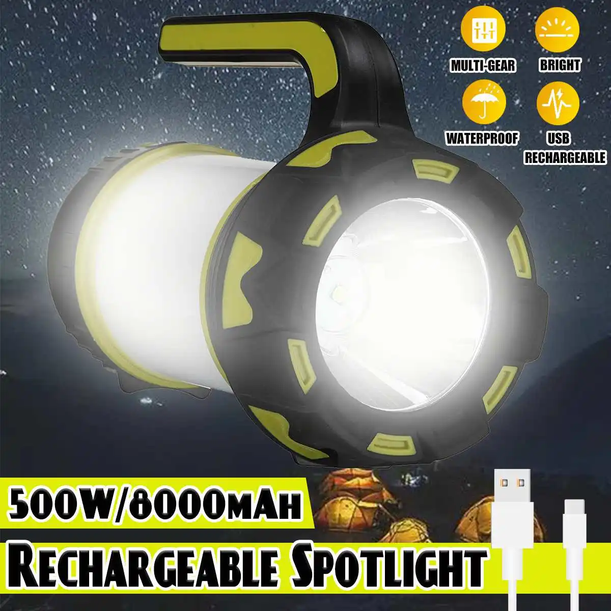 

500W Super Bright LED Flashlight Portable Searchlight Chargeable Spotlight Long-range Hunting Lamp With Side Light