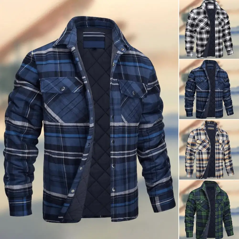 Winter Plaid Cotton Jackets Mens Long Sleeve Quilted Lined Flannel Shirt Jacket Multi-Pockets Outwear Hiking Coats Tops