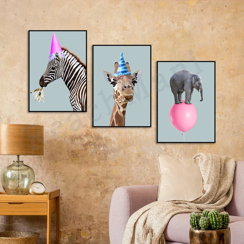

Whimsical Elephant Zebra Giraffe Balloon Print, Safari Nursery Decor PRINTABLE Wall Art, Pink Balloon Party Animal Poster