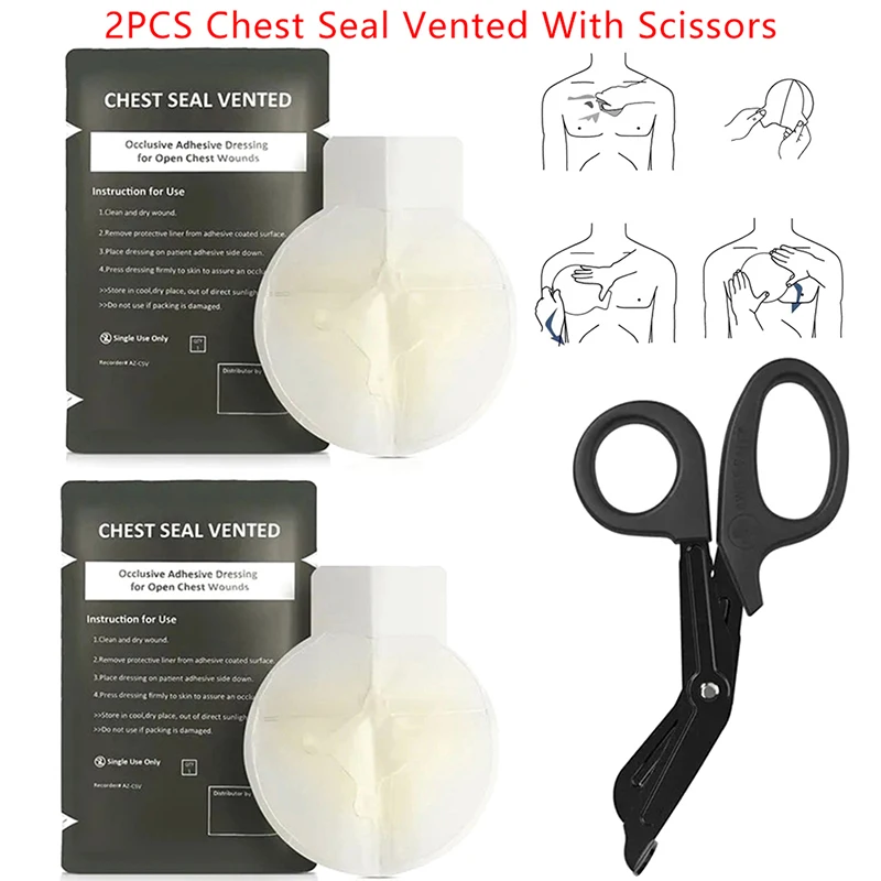 

1Set 4 Holes Chest Seal Quick Useful Wound Emergency Dressing Bandage First Aid Accessories With Vent Trauma Kit With Scissors