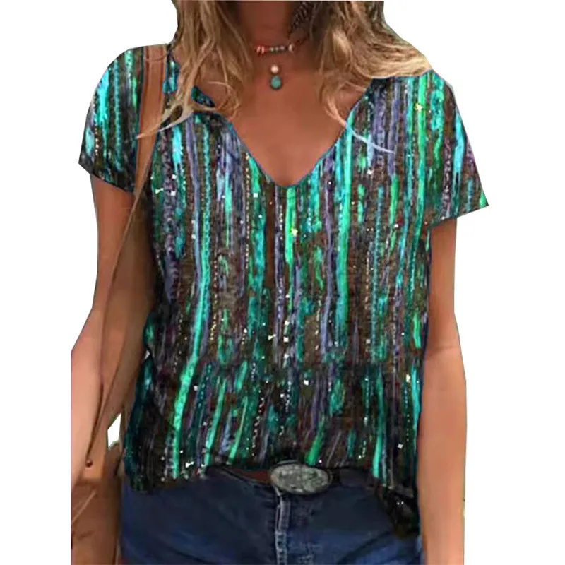 

2022 Summer New Women's Fashion Street Style T-Shirt Ladies Striped Print Casual Top XXS-6XL Large Size V-Neck Pullover Clothing