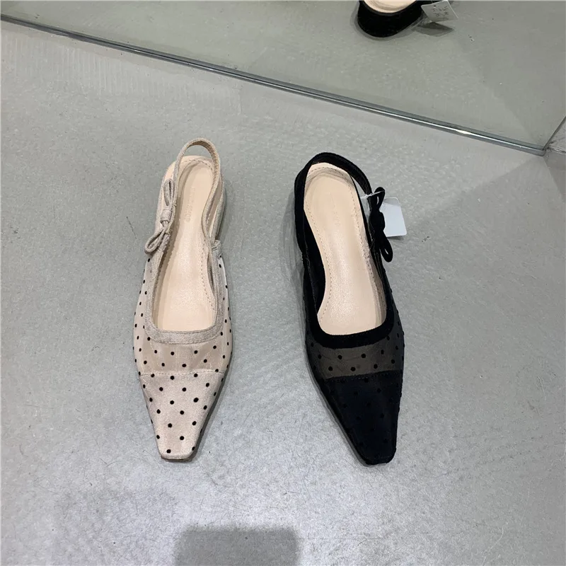 French Fairy Mesh Polka-dot Low-heeled Shoes 2022 Spring and Summer New Bow Sandals Women's Shoes Loafers Women Sandals