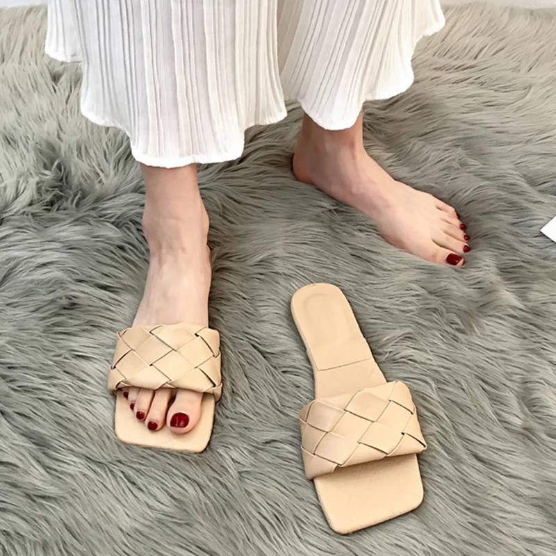 

Rimocy Plus Size Pu Leather Weaving Beach Slippers Woman 2021 Casual Open Toe Flat Flip Flops Women Summer Outdoor Slides 43