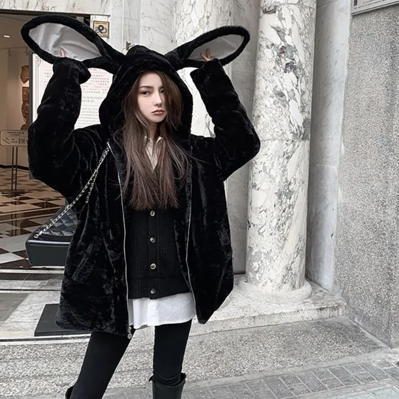 Autumn and Winter Kawaii Cute Jacket Women's Hooded Rabbit Ears Imitating Rex Rabbit Fur Plush Faux Fur Coat Thick and Warm