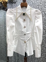 white patchwork pearl shirt for women lapel puff sleeve solid straight button through blouse female