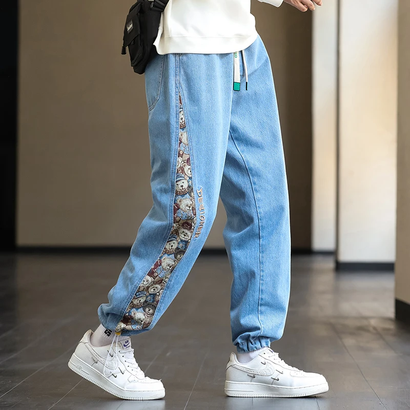 Plus Size 8XL Men Jeans Baggy Denim Pants Y2k Streetwear Bear Patchwork Joggers Daily Casual Straight Trousers Blue Gray Black