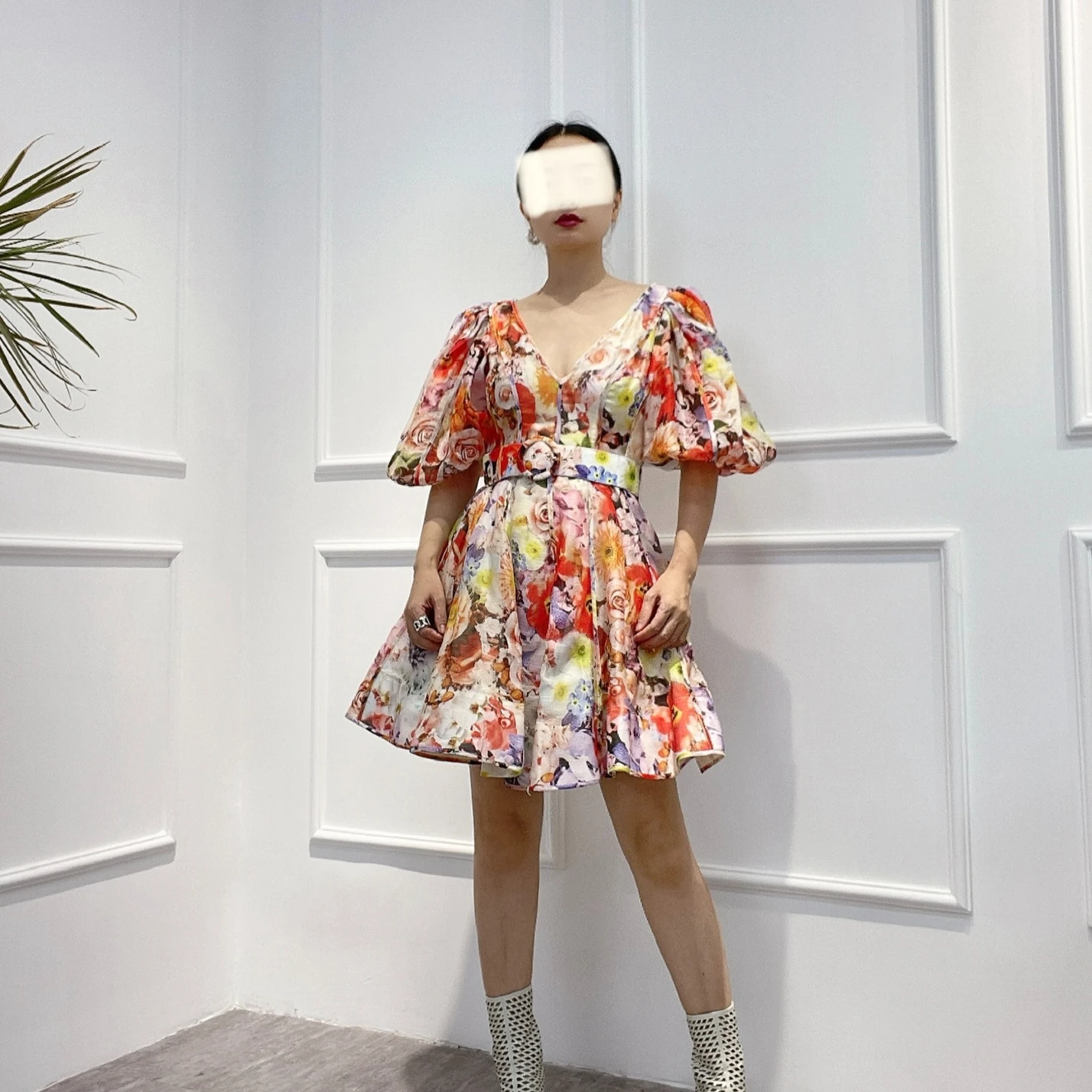 

Vintage Multicolor Floral Print Mini Dress 2022 New High Quality Silk Linen V-neck A-line Half Lantern Sleeve Women Clothing