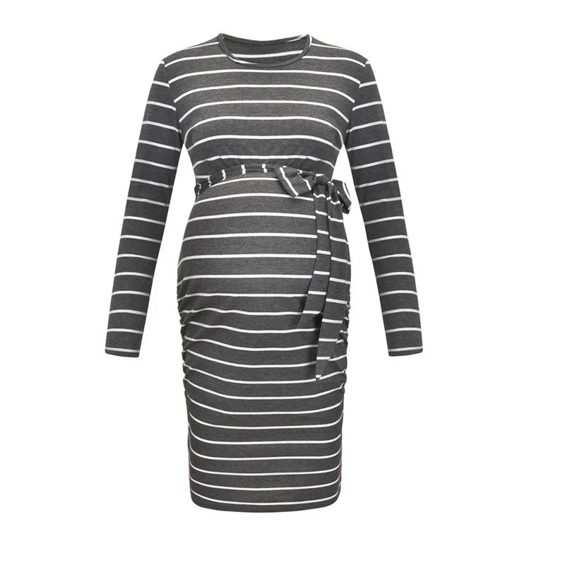 

Women's elegant maternity ties striped pregnancy casual loose belt dress