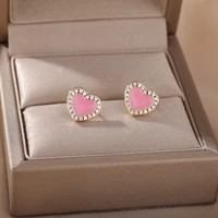 korean fashion bling zircon heart stud earrings for women enamel dropping oil heart earrings stainless steel jewelry friend gift