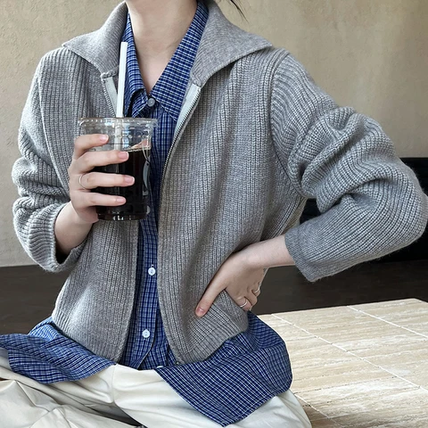 2024, женский вязаный свитер с отложным воротником, две молнии, короткие кардиганы с длинными рукавами, одежда, топы для женщин, свитер