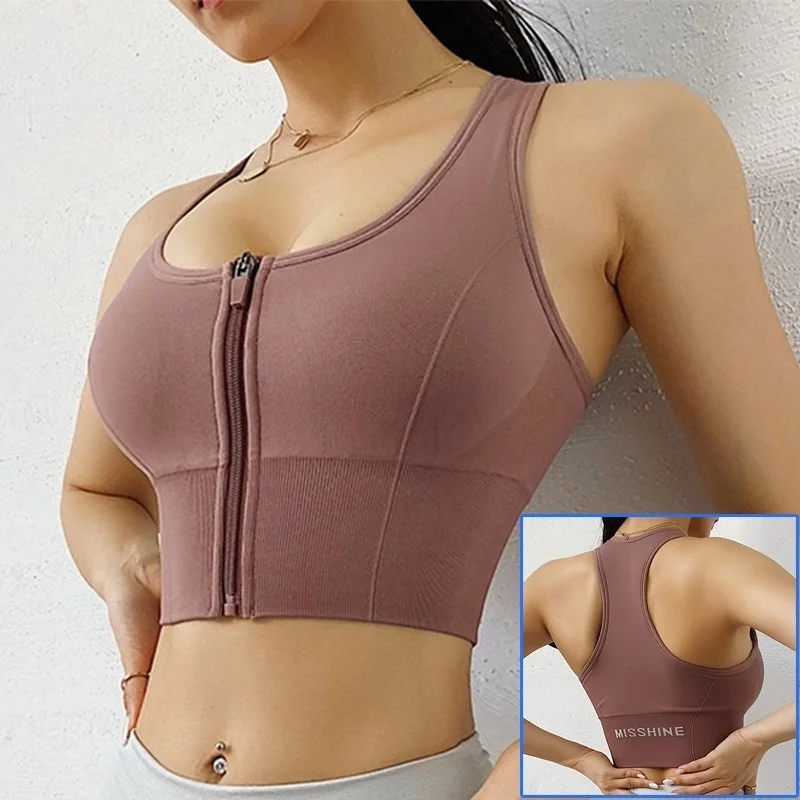 

Sports Front Zipper Bra Women Underwear Push Up Yoga Crop Top Bras Solid Athletic Vest Gym Fitness Shirt Sportswear