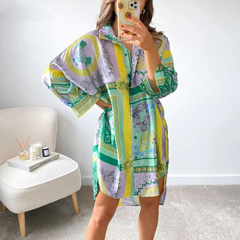 Fashion Print Women's Night Dress Long Sleeve Single Breasted Ladies Nightgown Oversize Summer Spring Sleepwear For Female