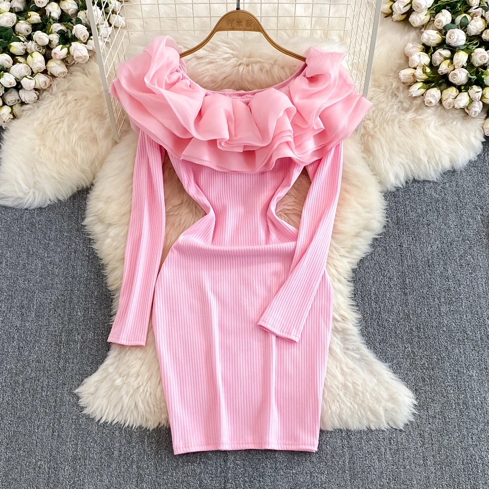 

Красочное модное осеннее платье с длинным рукавом для девушек розовое сексуальное платье с открытыми плечами 3D оборками по краям талии облегающее Короткое мини-платье
