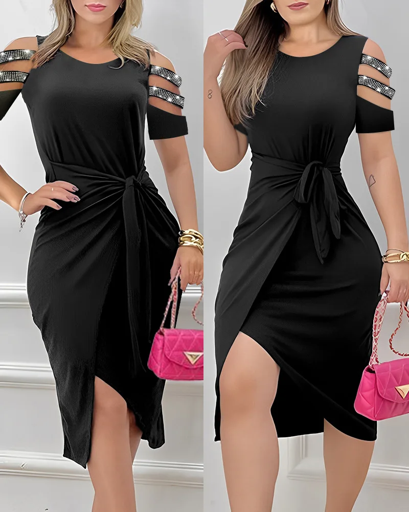 

Rhinestone Cutout Draped Cold Shoulder Bodycon Dress Women O Neck High Waist Sexy Summer Spring Knee Length Dress