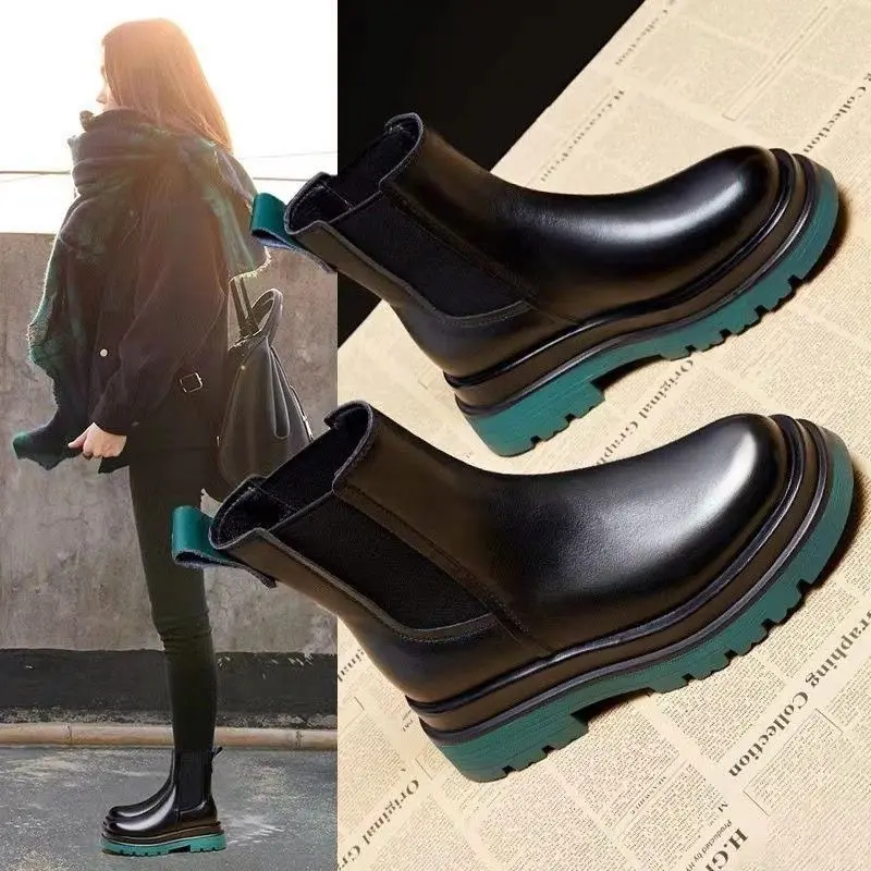 

Boots Woman Winter 2022 Hot Chunky Platform Cute Martin New In Women's Shoes Autumn Chelsea Genuine Leather Black Kawaii Booties