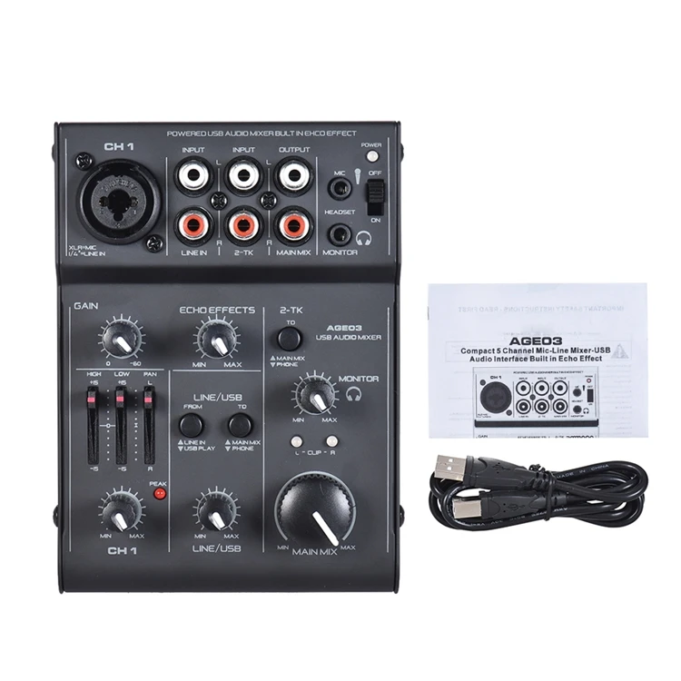 

AGE03 Mini Mixing Console Mixer USB Audio Interface Built-in Echo Effect for DJ Network Live Broadcast Karaoke