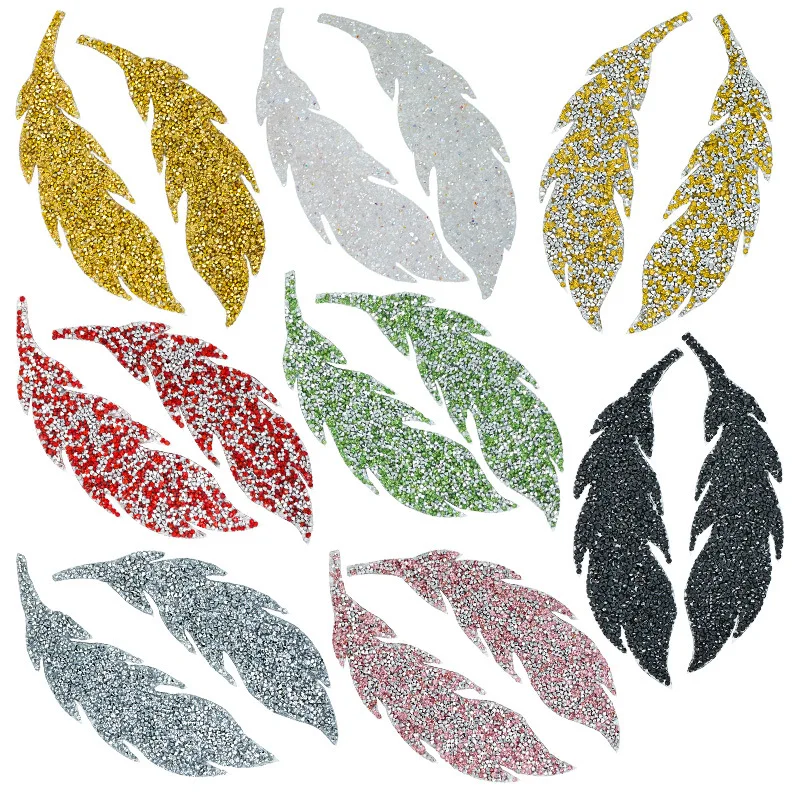 

Rhinestones Leaves Feather Embroidered Patch Iron on Sewing Crystal Applique for Jeans Clothing Decorations Sticker Clothes