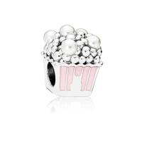 hot sale silver color charm bead pink popcorn glaze heart beads for original pandora charm bracelets bangles jewelry