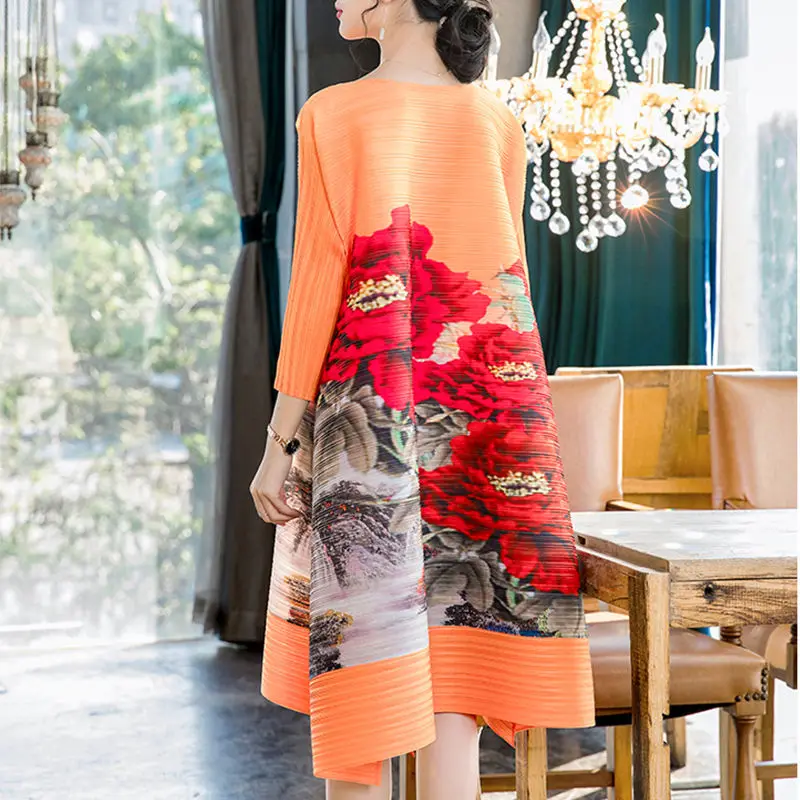 Женское плиссированное платье свободное этническое большого размера с принтом в