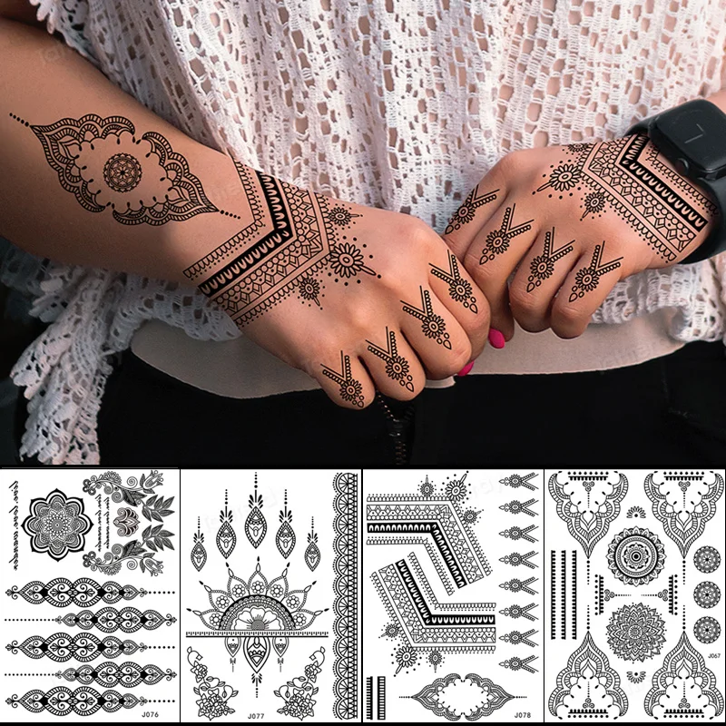 

Indian Arabic Beauty Black Flower Rose Lace Temporary Tattoos Flash Art Body Arm Women Hand Sleeve Waterproof Fake Tatoo Sticker