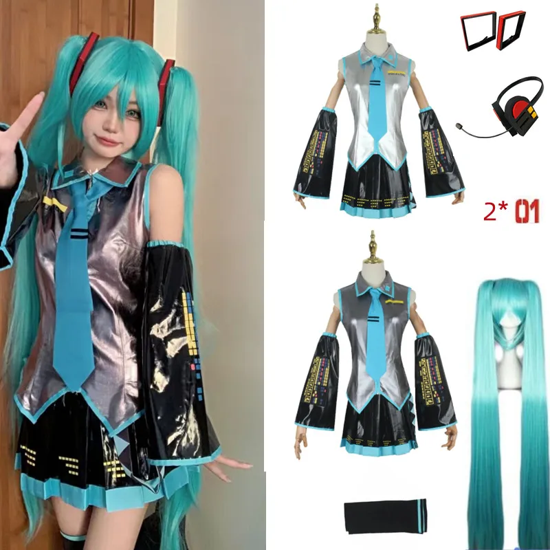 Фото Искусственная кожа Vocaloid Miku Косплей Костюм Аниме миди платье Хэллоуин Одежда для рождественской вечеринки для девочки №1