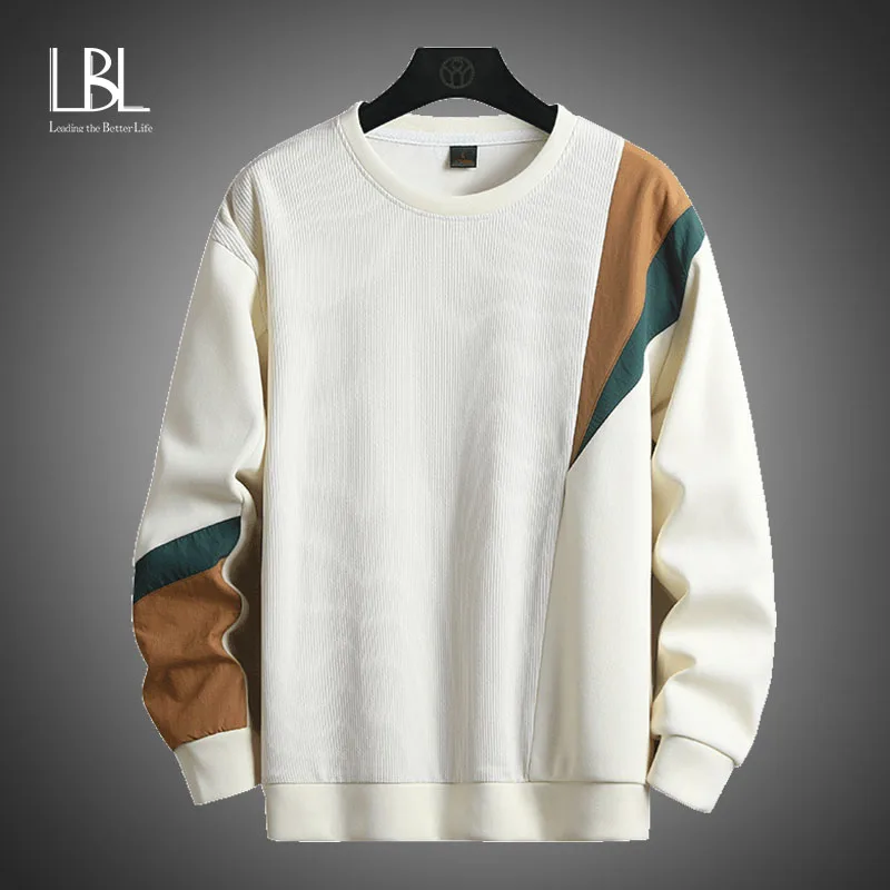 

2023 Осенняя Толстовка Новая мужская Повседневная Толстовка триколор сплайсинга свитшот с круглым вырезом модная Простая мужская одежда 5XL