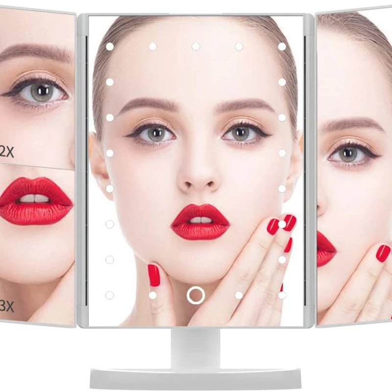 

Makeup LED Mirror Lights Makeup White Trifold Mirror 21 LED Vanity Mirror Lighted Up Mirror with Touch Screen Dual Power Supply