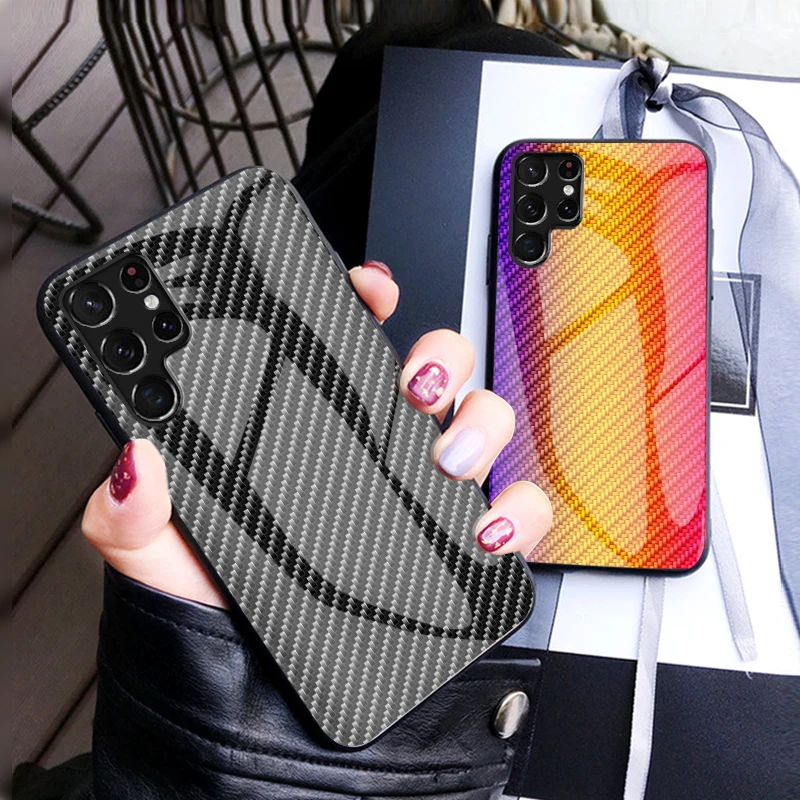 

Carbon Fiber Patterned Case For Samsung Galaxy S22 Ultra S22 Plus Tempered Glass Hard Back Cover