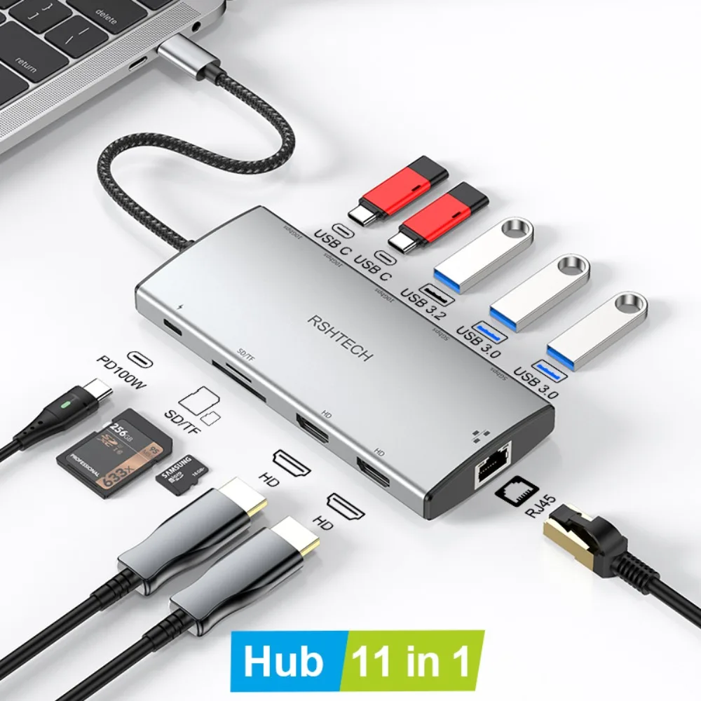 Фото Док-станция-концентратор RSHTECH 11-IN-1 USB C с 8K 4K HDMI-совместимым устройством чтения карт USB 3.2 и 3.0 PD100W SD/TF RJ45 для MacBook №1