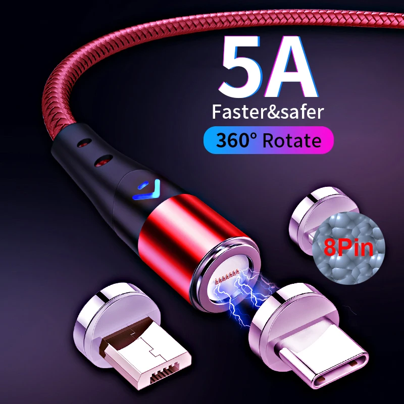 

5A Super Fast Charge Magnetic Charging Cable Micro USB Type C USB C Cord Phone Charger Wire Magnet Cable 360 Degree Rotate