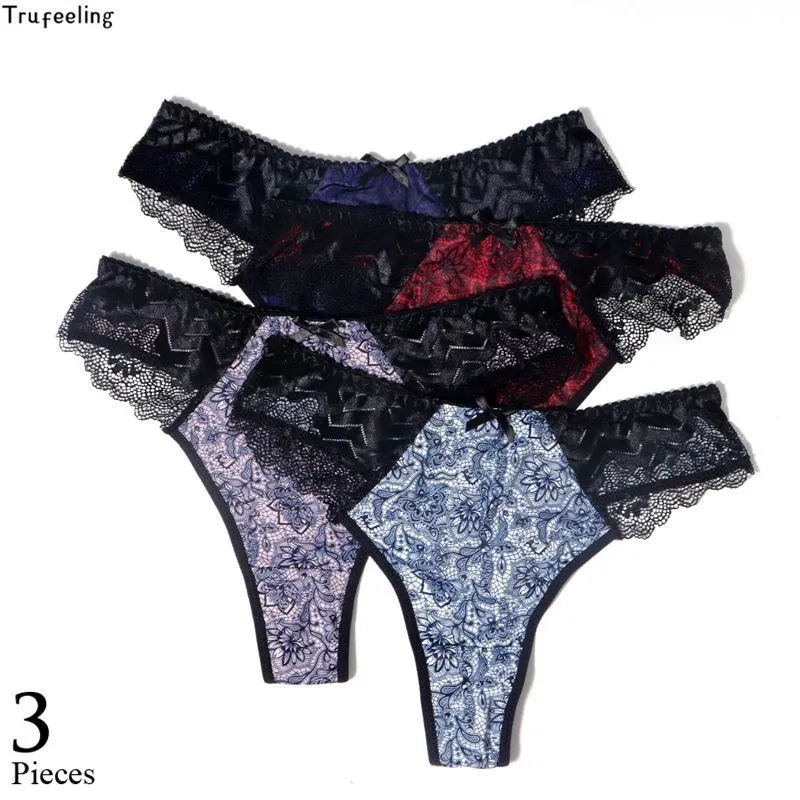 Trufeeling 3PC/Lot women's ultra thin lace thongs soft comfort underwear panties free shipping floral print briefs string L-5XL
