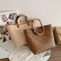 vintage wicker woven women handbags bamboo handle lady hand bags rattan summer beach bag large straw basket bag big tote purses